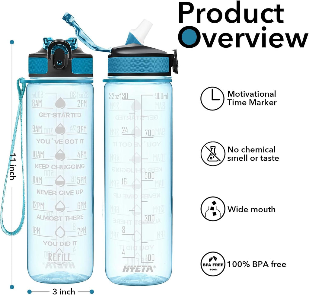 Hyeta 32 oz Water Bottles with Times to Drink and Straw, Motivational Water Bottle with Time Marker, Leakproof, Drinking Sports Water Bottle for Fitness, Gym and Outdoor