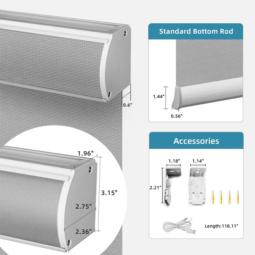 SmartWings Motorized Light Filtering Shades, Work with Homekit, Alexa SmartThings Google, 50% Blackout PVC Free Smart Blinds for Windows, Cordless Window Shades with Remote, Customized, Silver