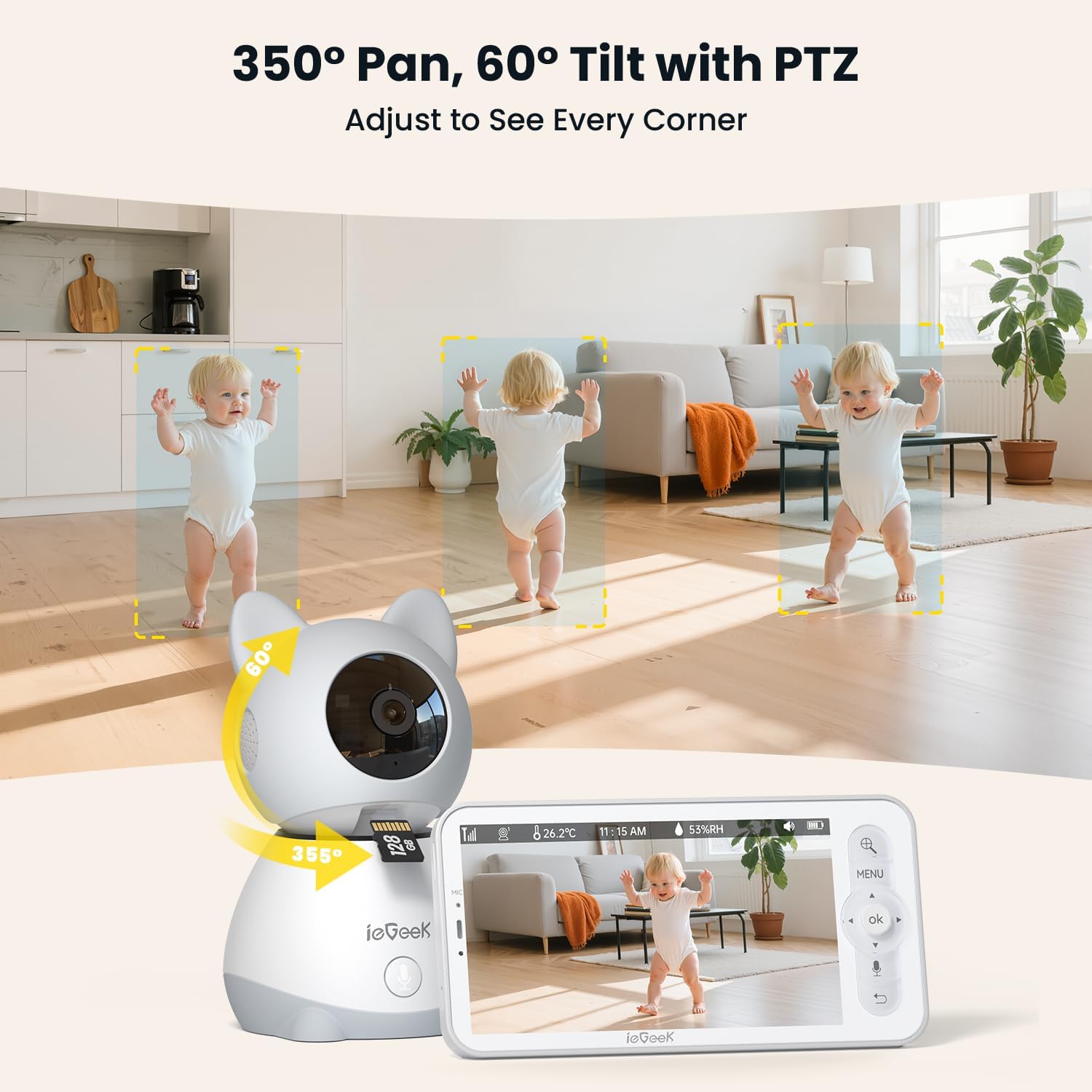 ieGeek Baby Monitor with 2 Cameras, 5" Large Screen Split-Screen Video Baby Monitor | 2K HD Non-WiFi Monitor with App & Parent Unit | Night Vision, 2-Way Audio, Cry Detection, Temperature Sensor