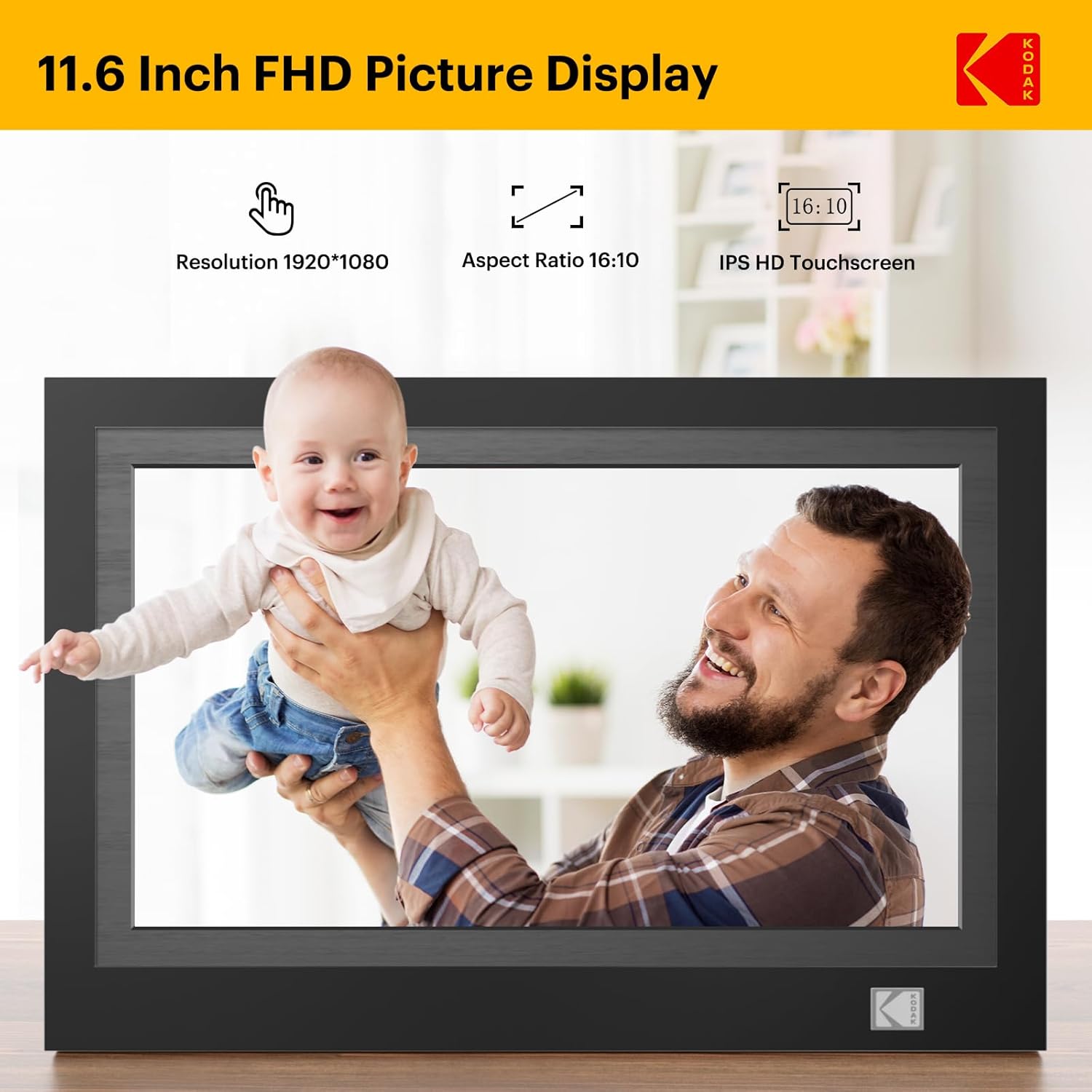 KODAK WiFi Digital Picture Frame, 11.6 Inch 1920 * 1080 IPS FHD Touchscreen Digital Photo Frame with 32GB Storage, Easy Setup to Share Photos or Videos, The Best for Family and Friends(Black)