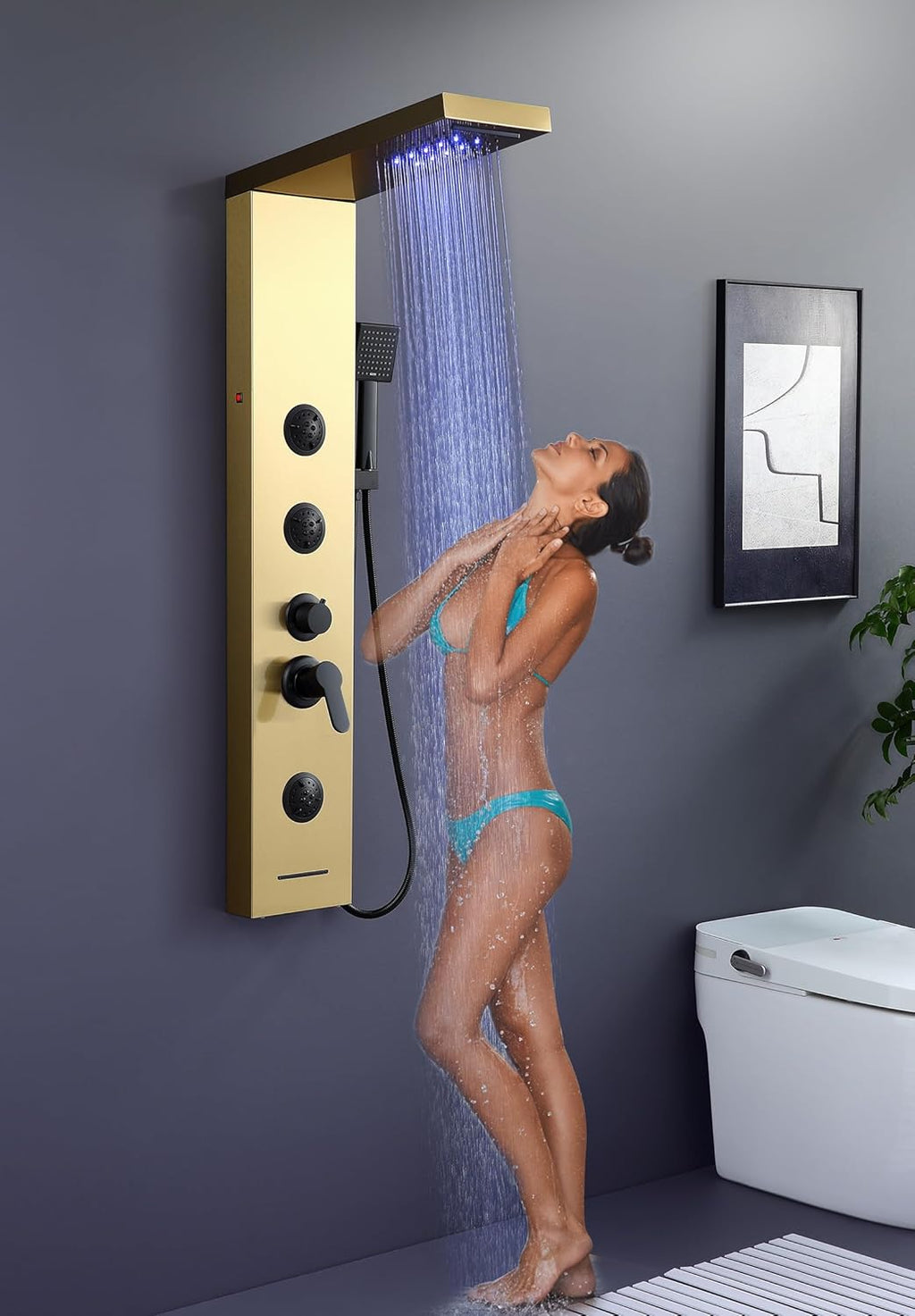 ROVATE Shower Panel Tower System Brushed Gold with LED Rainfall Waterfall Shower, Shower Tower with Jets and Rainfall and Handheld, 5 in 1 Stainless Steel Shower Column High Pressure with Tub Spout