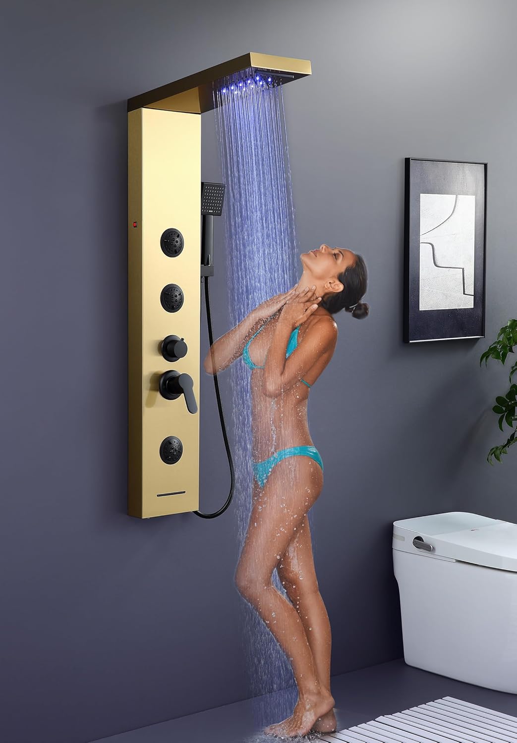 ROVATE Shower Panel Tower System Brushed Gold with LED Rainfall Waterfall Shower, Shower Tower with Jets and Rainfall and Handheld, 5 in 1 Stainless Steel Shower Column High Pressure with Tub Spout