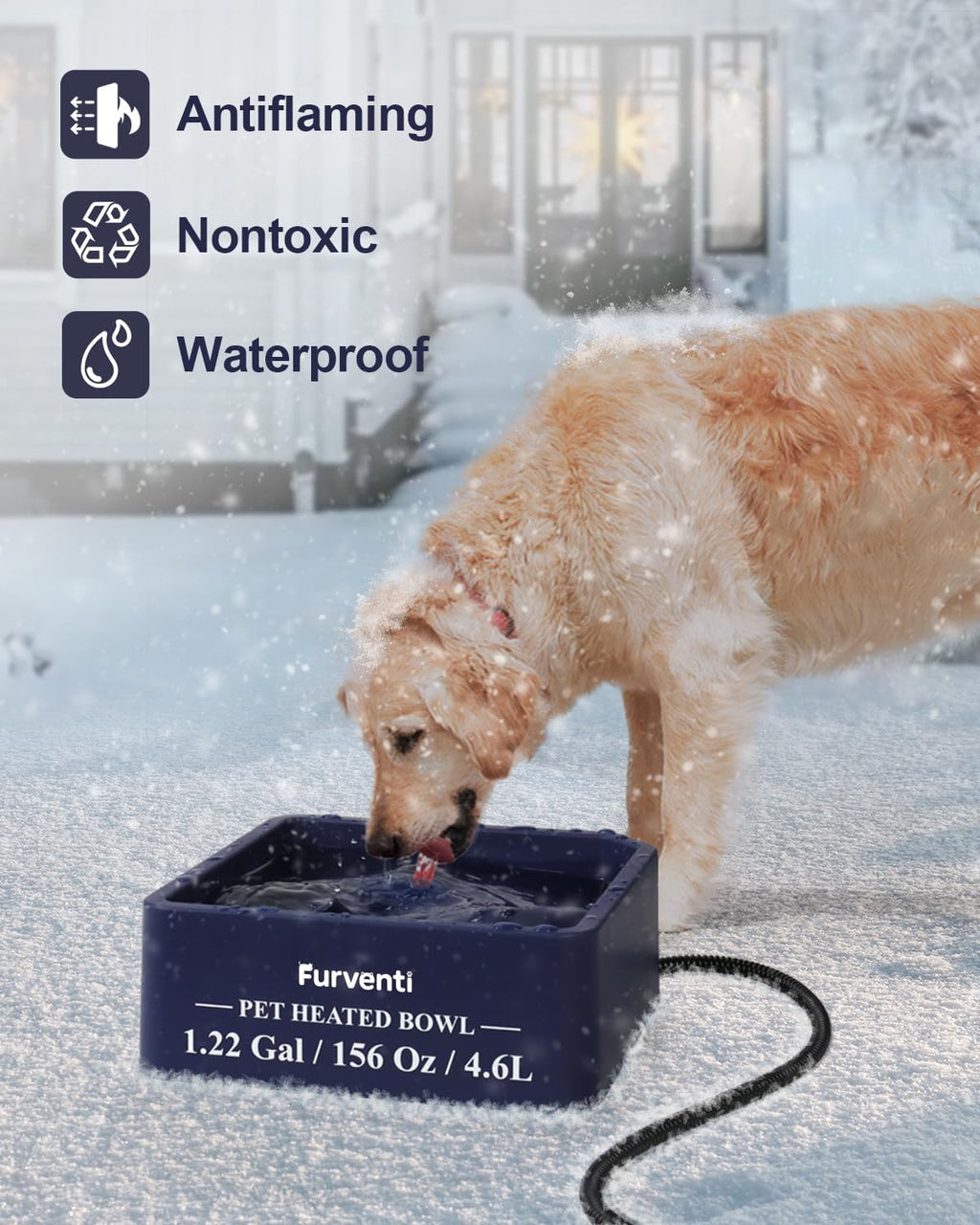 Heated Water Bowl for Dog Cat,1.22 Gallon,Outdoor Waterproof Heated Pet Water Dish with 79" Chew Resistant Cord for Rabbit, Chicken, Duck, Squirrel (Dark Blue)