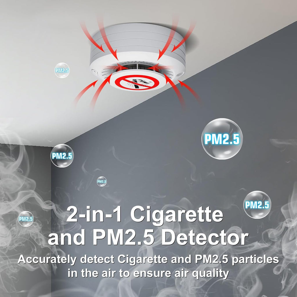 2in1 Cigarette Detector with 10 Level Sensitivity, Infrared Remote Control, PM2.5 Indoor Air Quality Monitor, Ceiling Mounted Smoke Detection for Offices, Restaurants, Hospitals, Schools, Apartments
