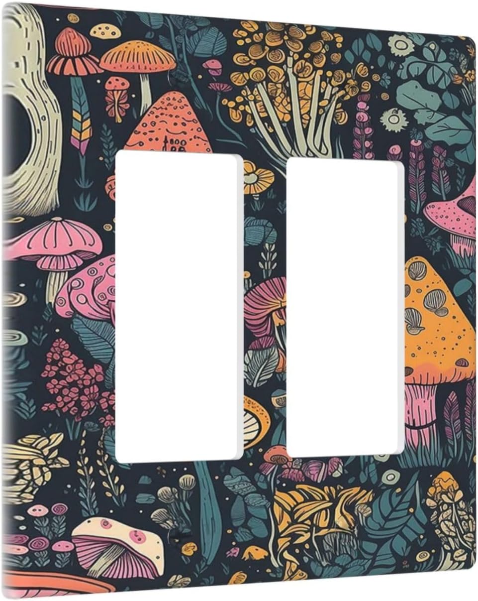 Decorative Outlet Covers Cartoon Comics Colorful Mushrooms 2 Gang Wall Plate Double Rocker Two Switch Wall Cover Plate Light Switch Cover Plate Faceplate for Country Bedroom Decor