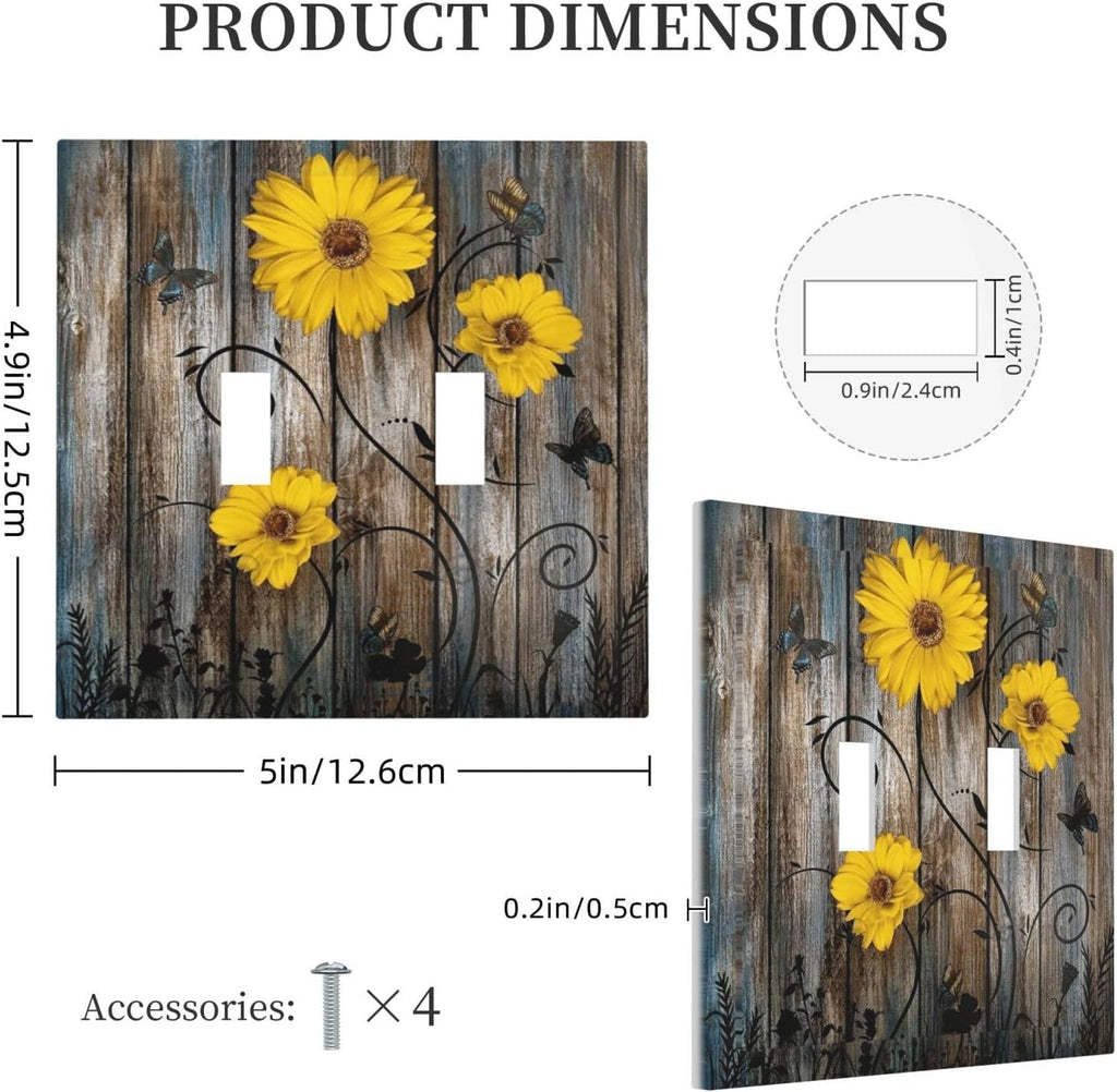 Rustic Barn Sunflower Wooden Daisy Flower Plank Decorative Switch Plates 2 Gang Double Toggle Outlet Light Switch Cover Wall Plate Electrical Faceplate for Farmhouse Home Decor