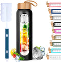 Aqulea Glass Water Bottles 25 Oz with Silicone Sleeve - BPA Free Reusable Wide Mouth Glass Motivational Water Bottles with Fruit Infuser – Leak Proof Borosilicate Water Bottle with Time Marker (Black)