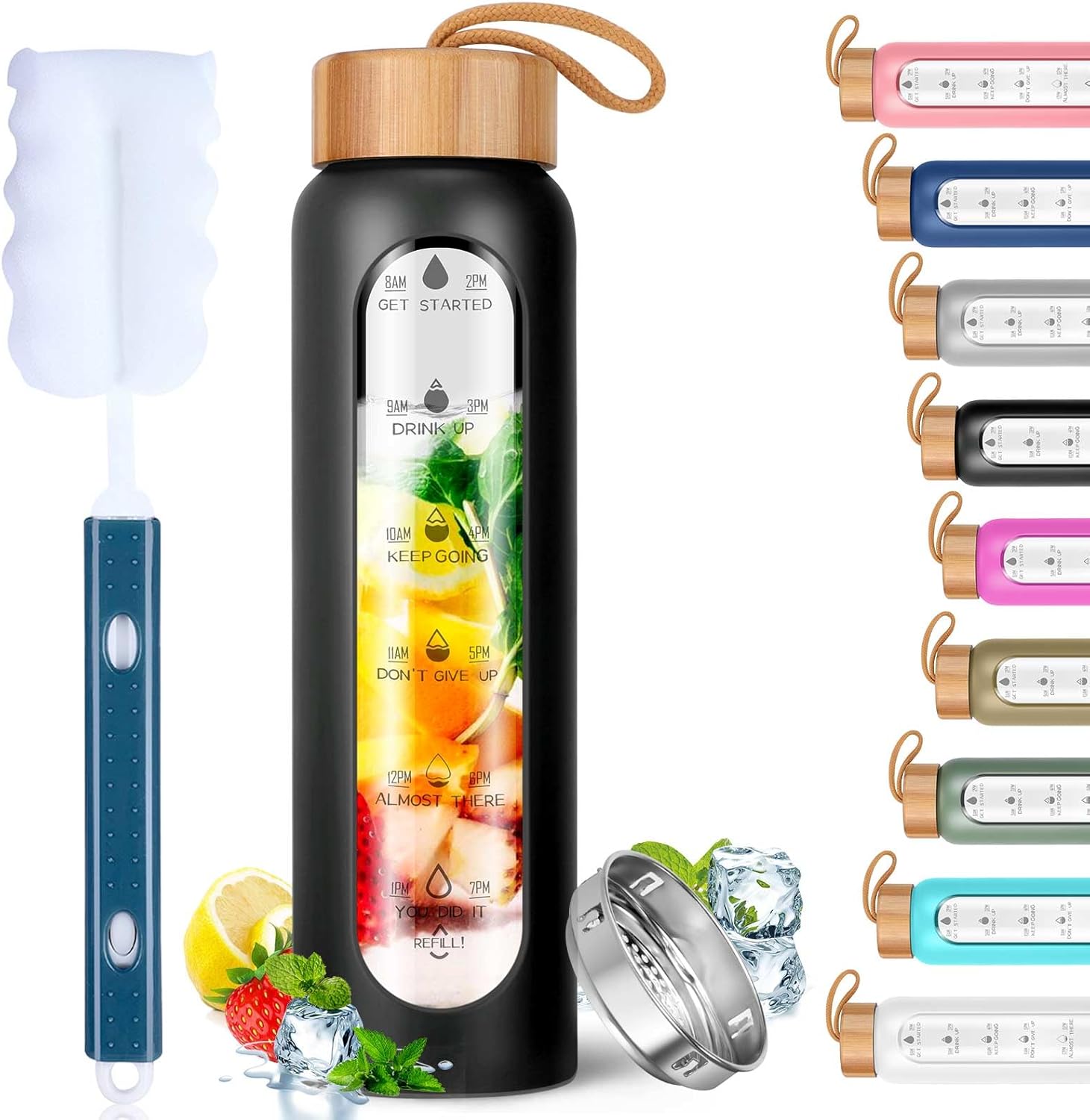 Aqulea Glass Water Bottles 25 Oz with Silicone Sleeve - BPA Free Reusable Wide Mouth Glass Motivational Water Bottles with Fruit Infuser – Leak Proof Borosilicate Water Bottle with Time Marker (Black)