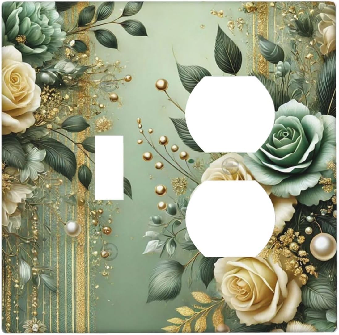 Decorative Outlet Covers Rustic Green Floral Leaves Teal Flowers Gold Stripe 2 Gang Wall Plate Cover Single Toggle Duplex Combo Two Switch Light Switch Cover Plate Faceplate