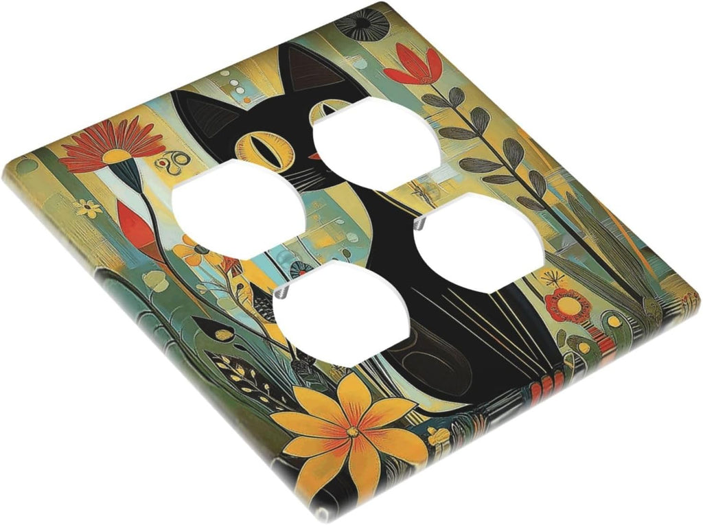 Funny Cat Retro Abstract Flowers Kitten Outlet Covers 2 Gang Double Duplex Decorative Light Switch Covers Electrical Wallplates Socket Faceplate For Kids Room Bed Room Decor