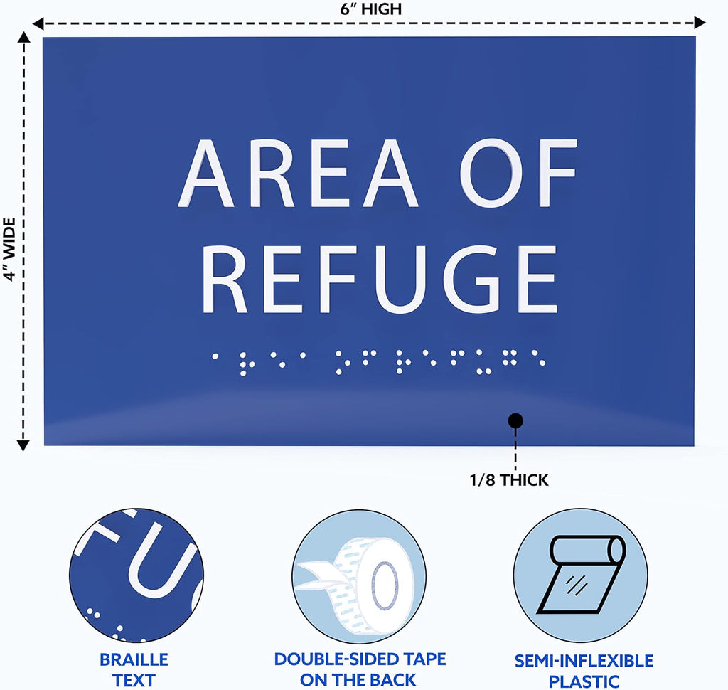 6" X4" Area of Refuge Sign - ADA Compliant Tactile Graphics Grade 2 Braille Text | Wall Mount Plastic Signs for Shopping Malls, Offices, Hotels, Schools, Apartments & Restaurants