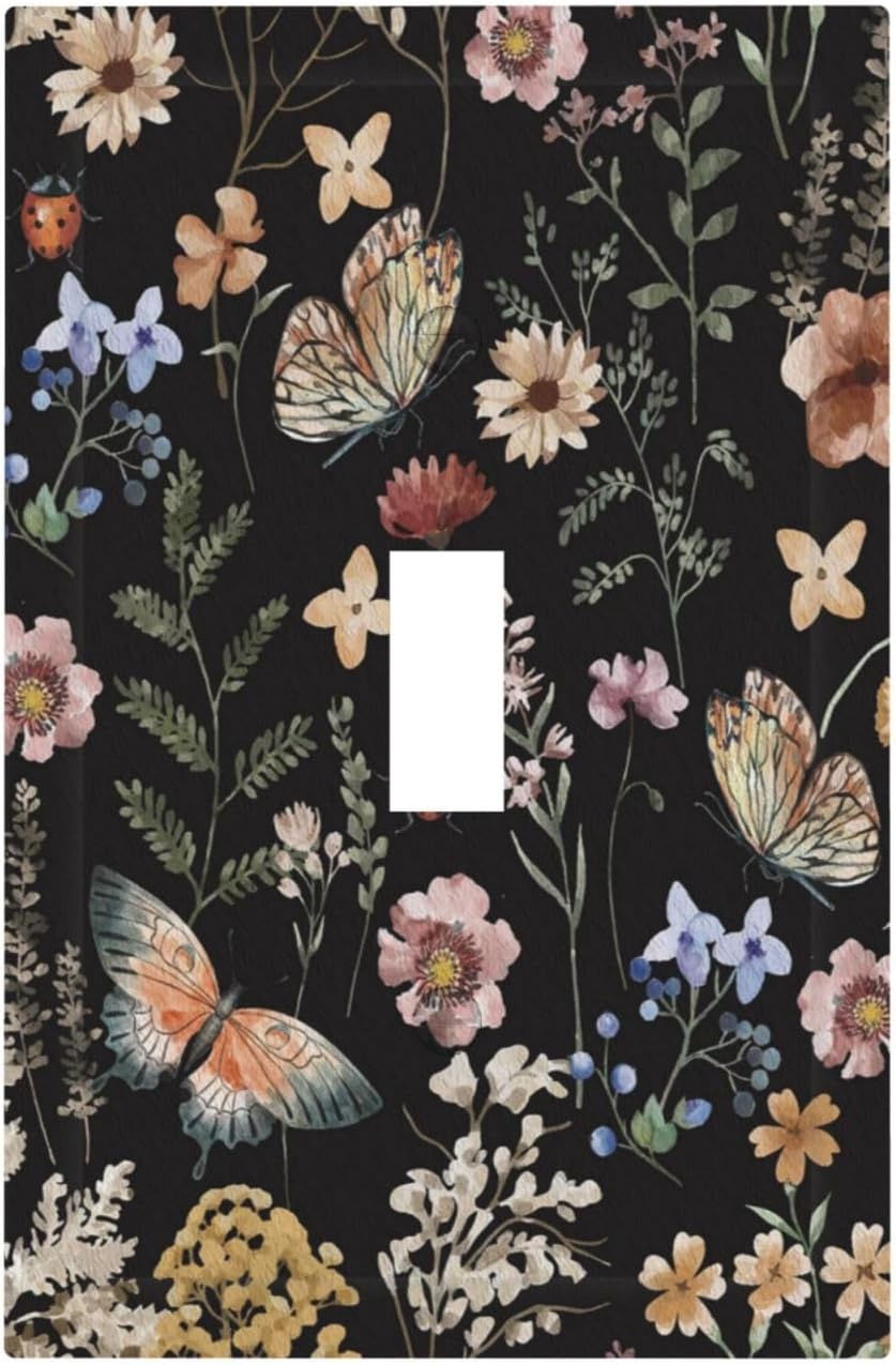 Decorative Light Switch Plate Covers Boho Black Butterfly Rustic Flower 1 Gang Light Switch Cover Plate Single Toggle Wall Plate Outlet Covers Faceplate for Bedroom Home Decor