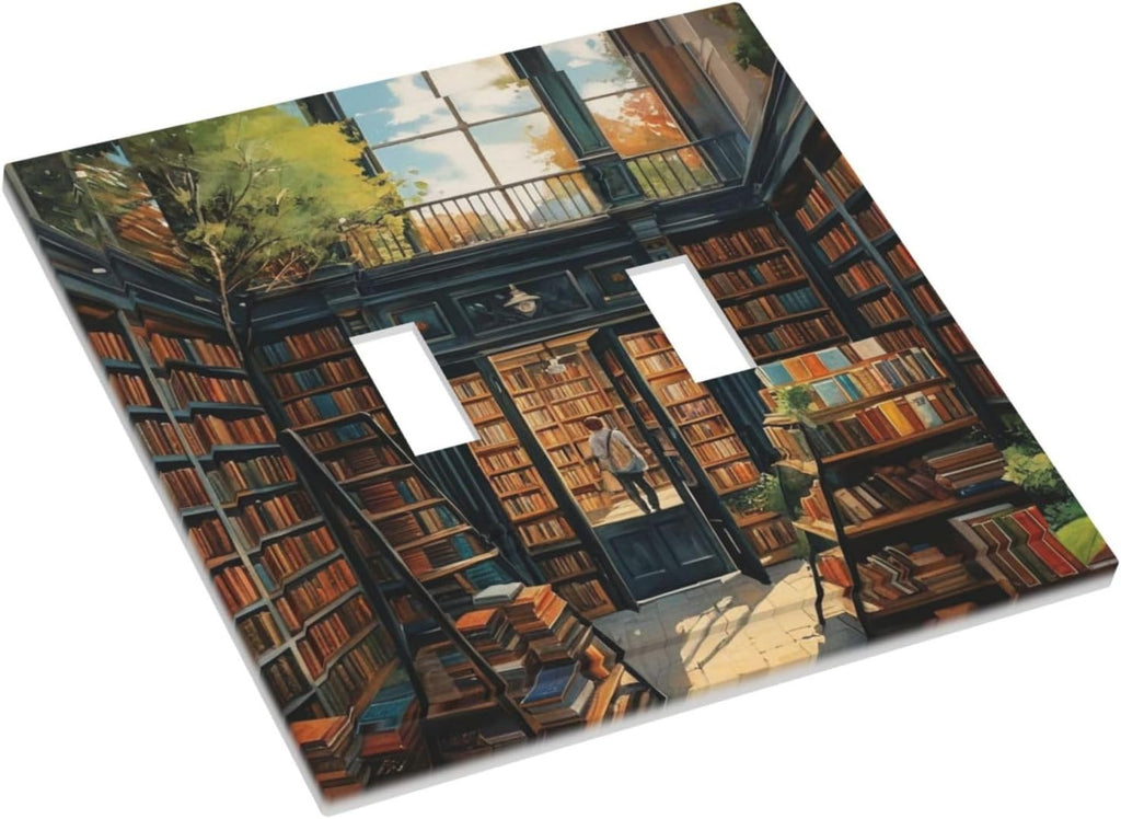 Library With A Lot Of Books Light Switch Covers Double Toggle 2 Gang Wall Plate Dual Decorative Switchplate Electrical Faceplate for Farmhouse Decor