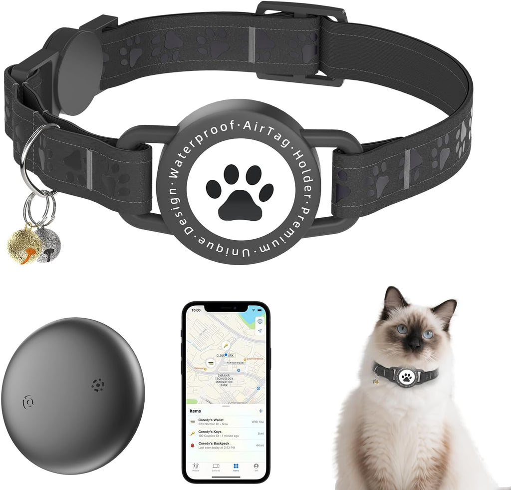 GPS Tracker for Cats, Waterproof GPS Cat Trackers Cats Collar with Bells, No Subscription, GPS Cat Collar, Adapt with Apple Find My (iOS Only) Finder Tag for items Pets Christmas Gift (BLACK)