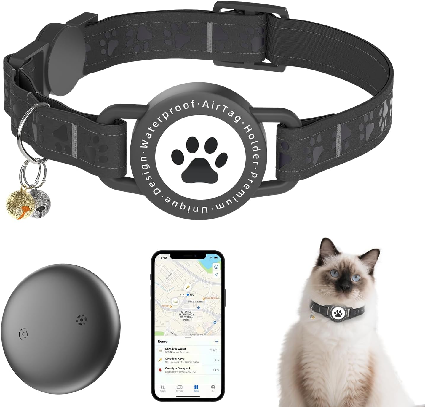 GPS Tracker for Cats, Waterproof GPS Cat Trackers Cats Collar with Bells, No Subscription, GPS Cat Collar, Adapt with Apple Find My (iOS Only) Finder Tag for items Pets Christmas Gift (BLACK)