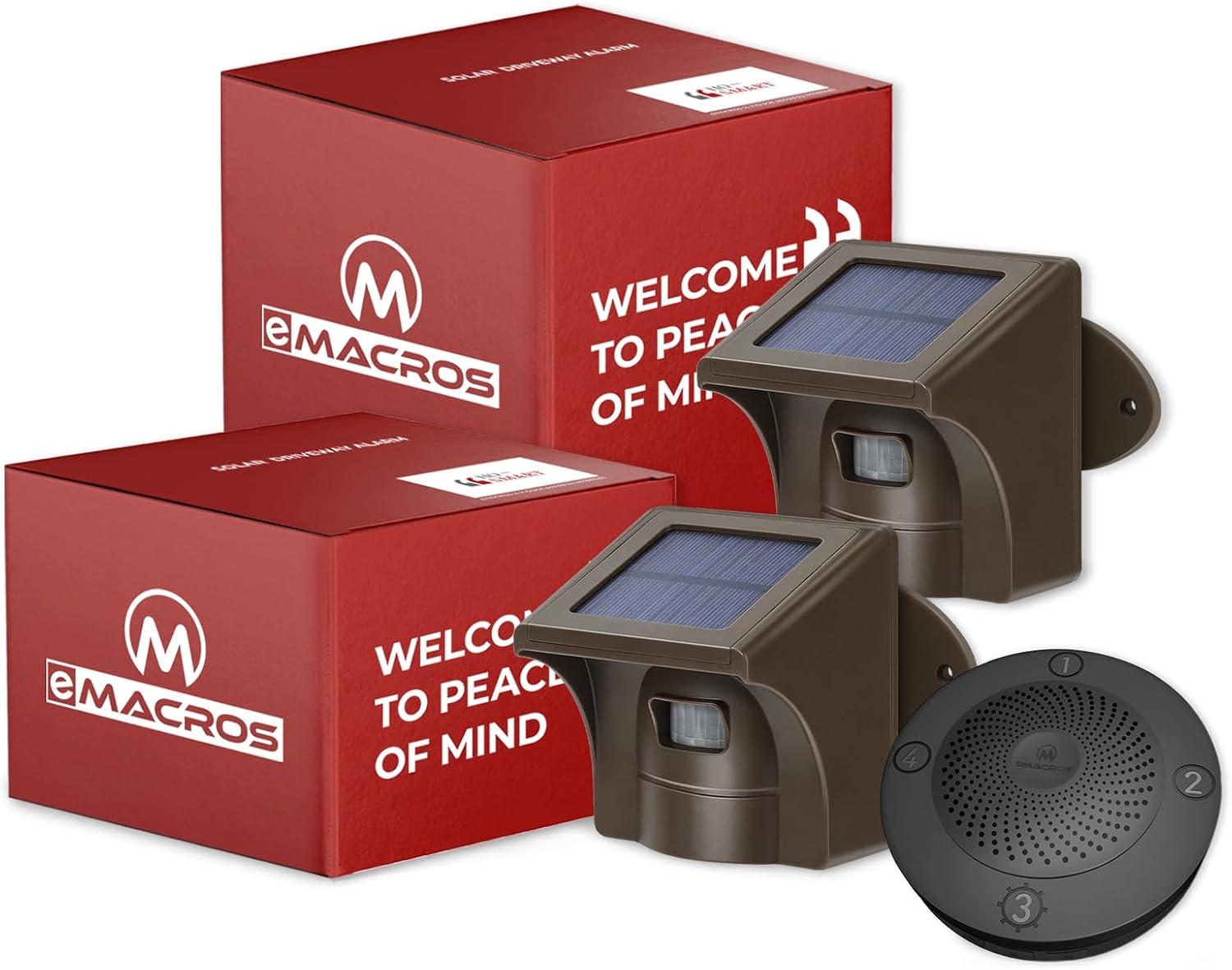 eMACROS Solar Wireless Driveway Alarm — 1/2 Mile Long Range Motion Sensor for Long Driveways, Homes & Large Properties, Outdoor Weatherproof Security Alert System(1 Base Station with 2 Sensors)