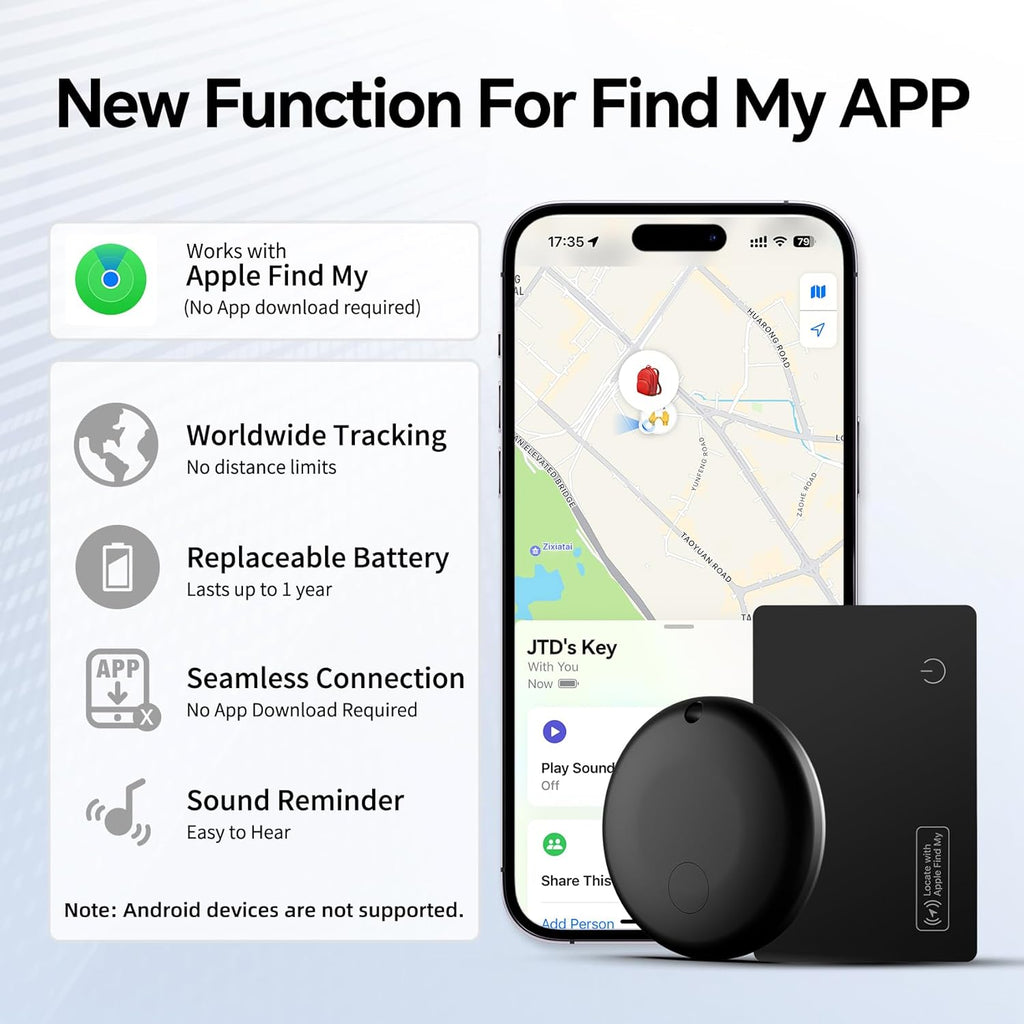 JTD Mini Trackers & Wallet Tracker Card, Find My Smart Wallet Card Rechargeable, IP68 Waterproof, Compatible with Apple (iOS Only), Luggage Label Item Locator (2tags1card)