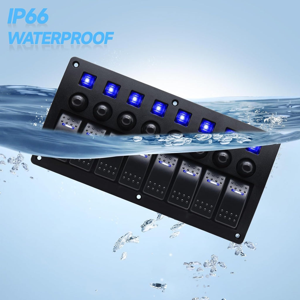 8 Gang Marine Switch Panel, Boat Rocker Switch Panel Waterproof, 12V Aluminum Switch Panel, Marine Toggle Switches ON/Off with Circuit Breaker 5A 10A 15A for Car RV Truck (Blue)