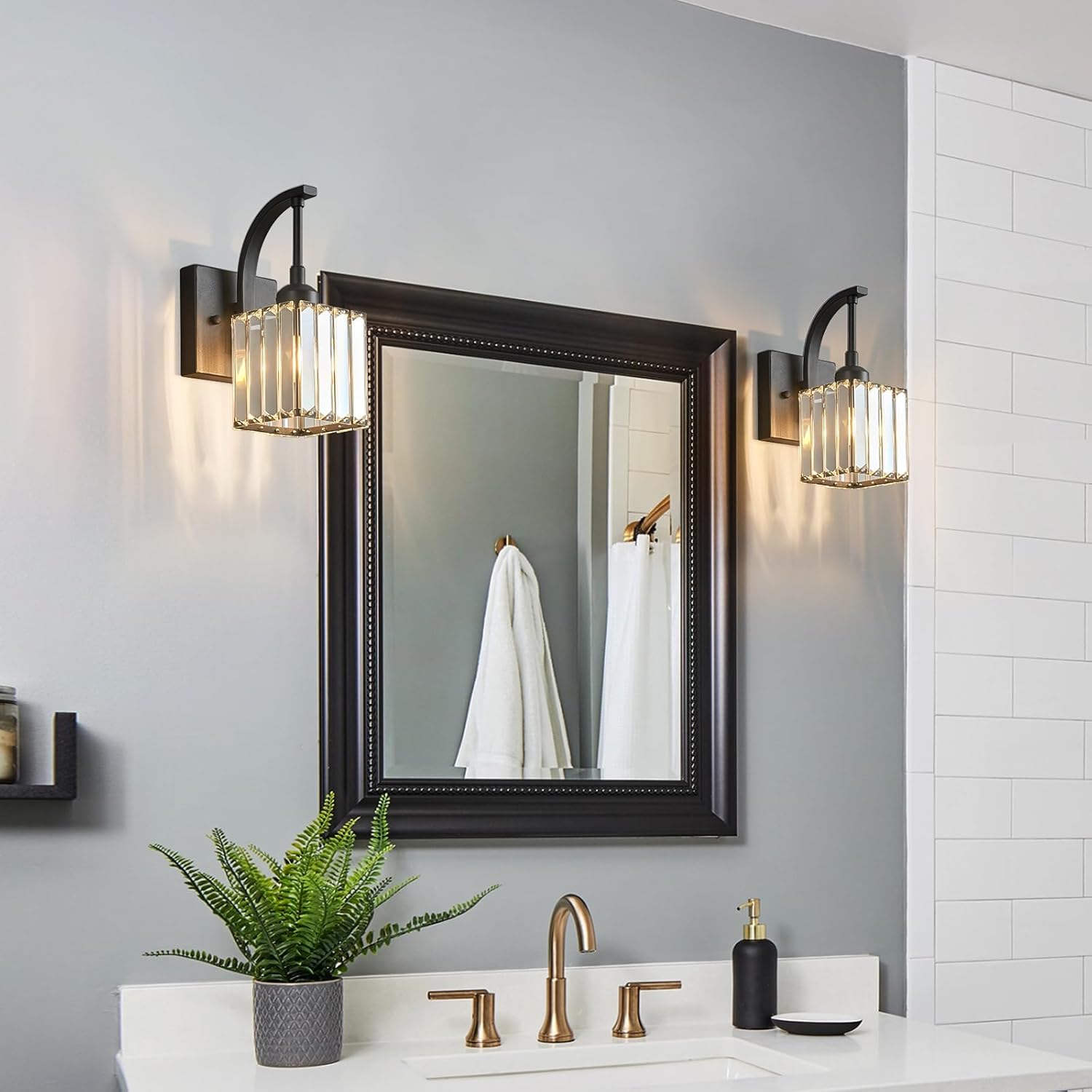 Wall Sconces, Set of 2 Black Crystal Vanity Lights, Modern Wall Lamp for Bathroom, Hallway, and Makeup, Easy Installation