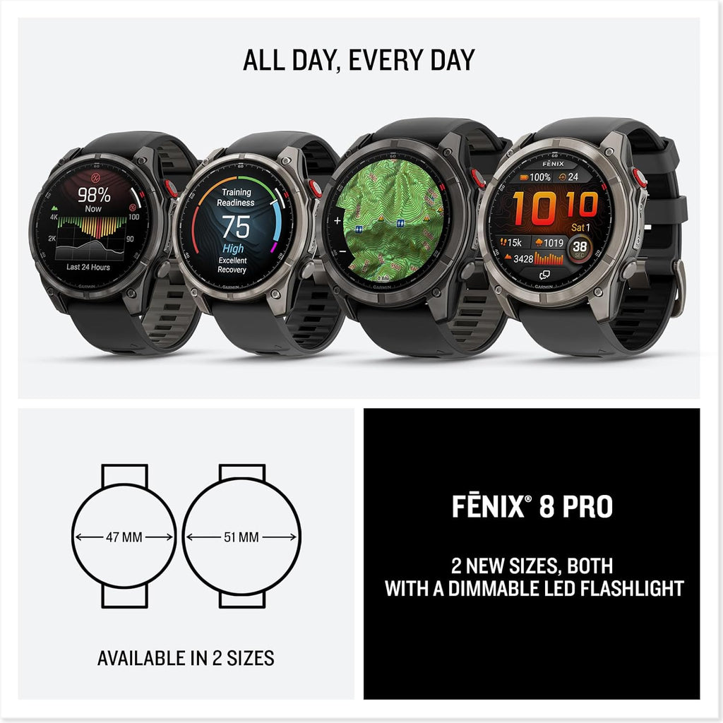 Garmin Fenix 8 Pro, 47mm, AMOLED Display, Premium Multisport GPS Smartwatch, inReach Technology for Emergency Survival, Health Tracking | Titanium/Graphite, Signature Series Power Bundle