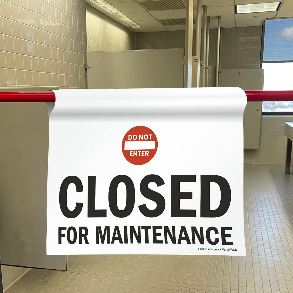 SmartSign "Closed For Maintenance" Hanging Doorway Barricade Sign with Do Not Enter Symbol, Spring-loaded Adjustable Aluminum Pole & 11.25" x 18" Vinyl Sign Kit, Black/White/Red, USA-Made