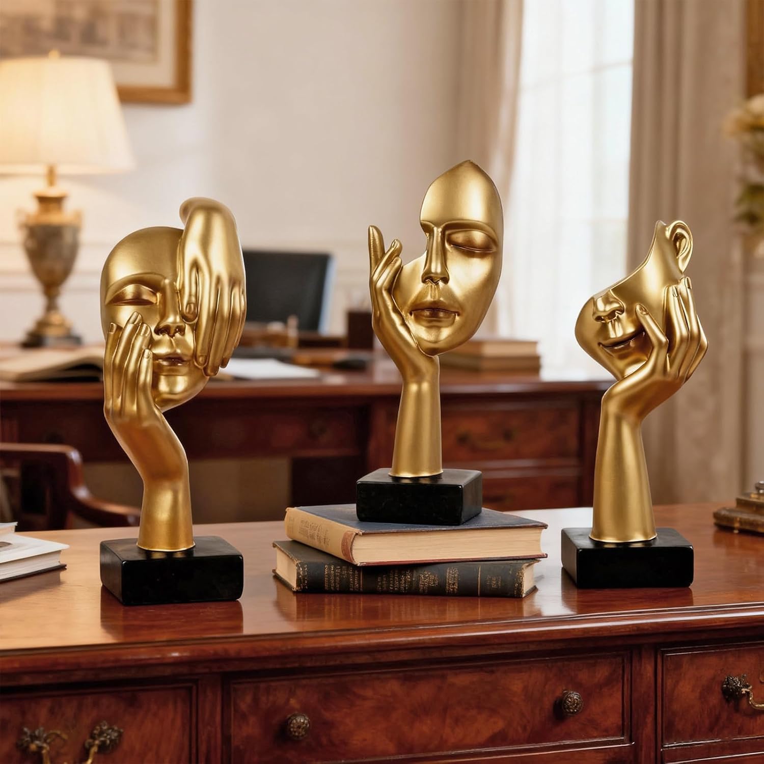 3 Pcs Thinker Statue,Modern Home Resin Sculptures,Collectible Figurines for Home Office Bookshelf Desktop Decor(Golden)