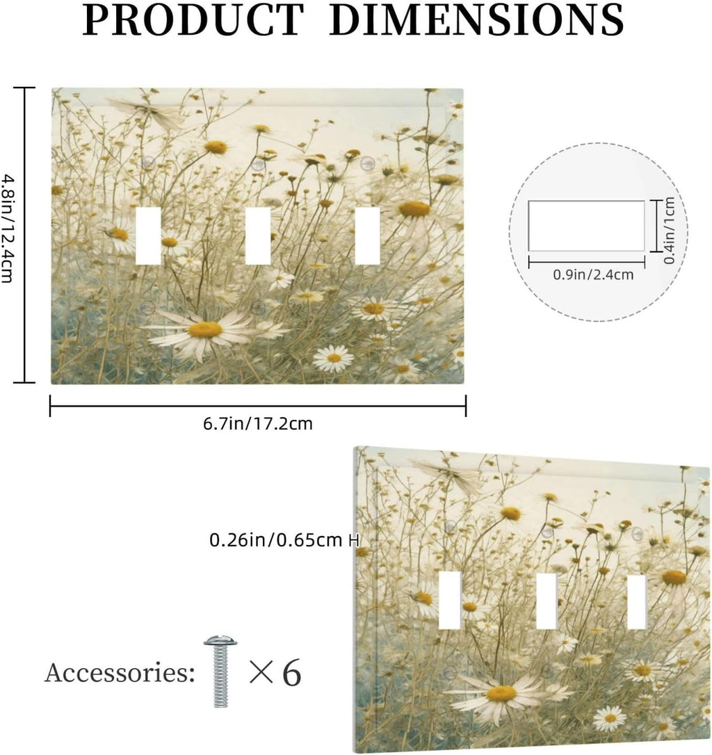 White Wildflowers Daisy Vintage Floral Decorative Switch Plates 3 Gang Wall Plate Triple Toggle Light Switch Cover Faceplate Electrical Wall Panels for Bed Room Living Room Decor