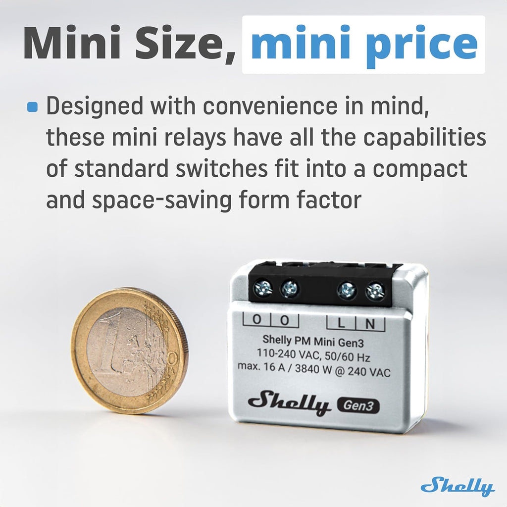 Shelly PM Mini Gen3 | WiFi Smart Power Meter 1 Channel 16 A | Home Automation | Bluetooth Gateway | Compatible with Alexa & Google Home | iOS Android App | No Hub Required | Smart Schedules