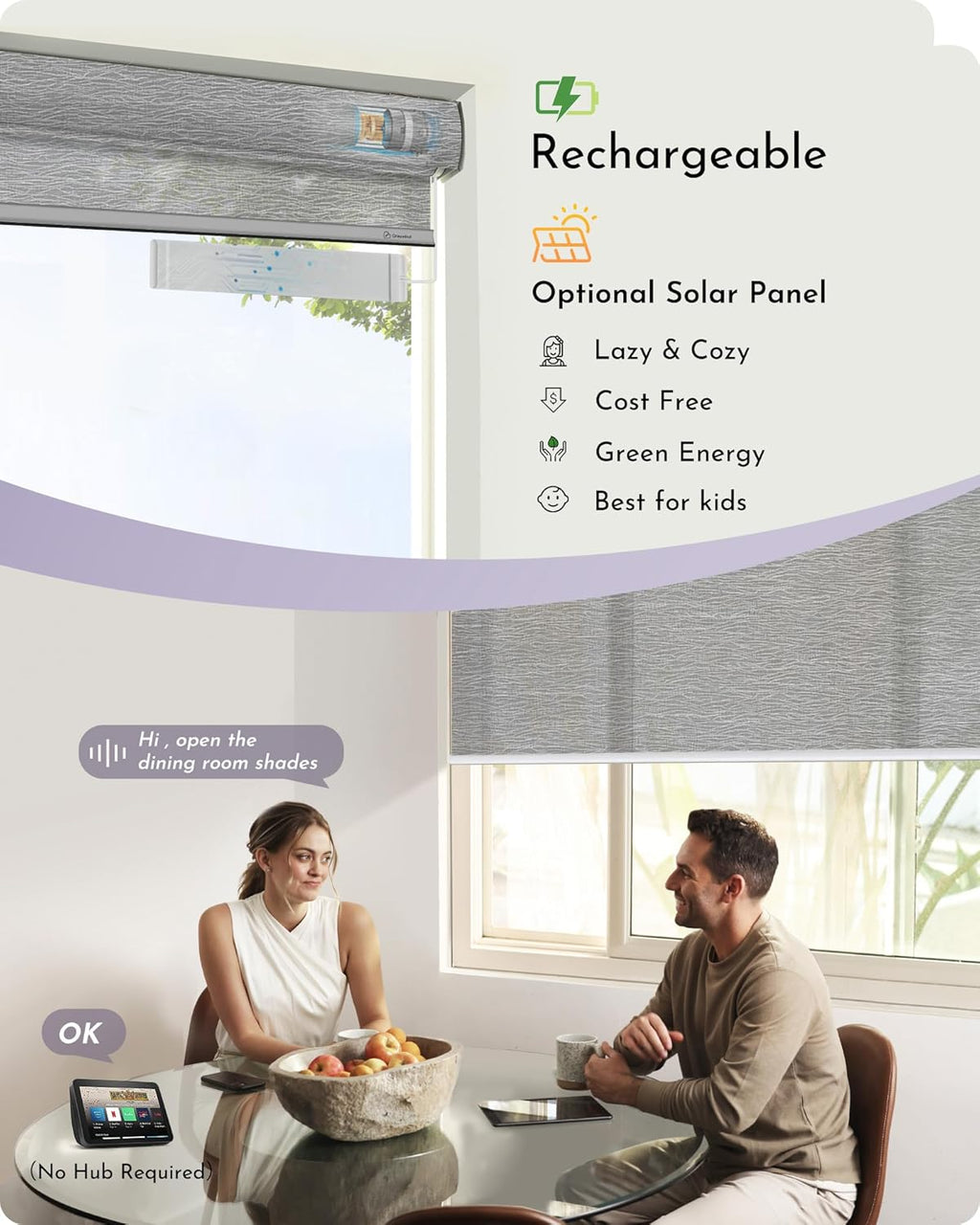 Graywind Motorized Light Filtering Shades Compatible with Alexa Google Rechargeable Remote Control Smart Blinds Automatic Window Shade with Valance for Home Office, Custom Size (Mixwave Grey)