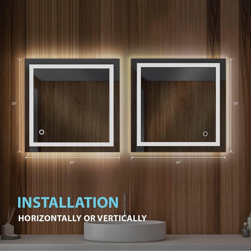 Blossom 30X30 LED Bathroom Mirror with Lights, Anti-Fog, Dimmable, Backlit & Front Lit, Lighted Bathroom Vanity Mirror for Wall, Memory Function, Waterproof, Tempered Glass, Smart Vanity Makeup Mirror