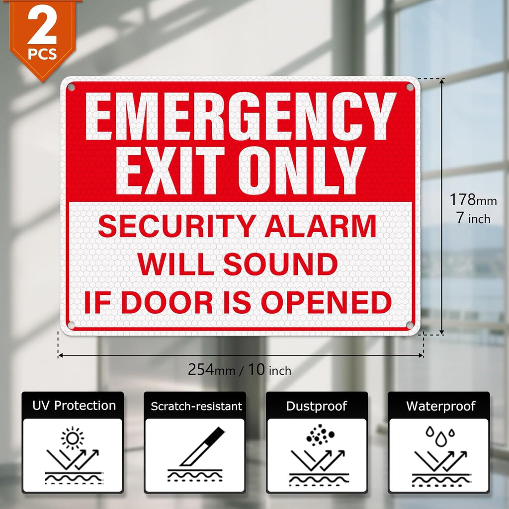 2 Pack Emergency Exit Only - Security Alarm Will Sound If Door Is Opened Sign 10 × 7 Inches Reflective Waterproof Aluminum Safety Signage with Pre-Drilled Holes for Workplace Warehouse