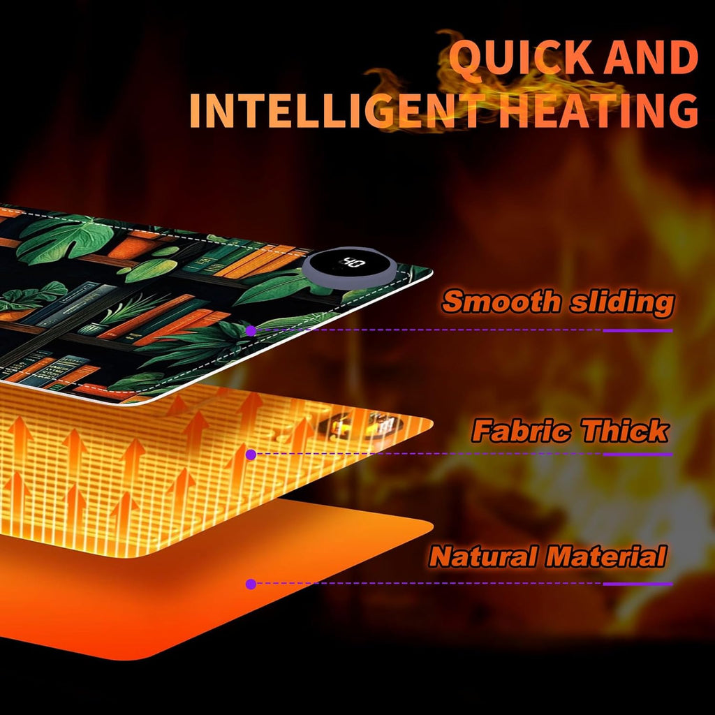Heated Mouse Pad 31.5x13 in 3-Temp Fast Heating Desk Mat with Auto Timer Warmer for Hands Wrist Pain Relief Waterproof Keyboard Mat for Office, Gaming, Home, Bookshelf Jungle