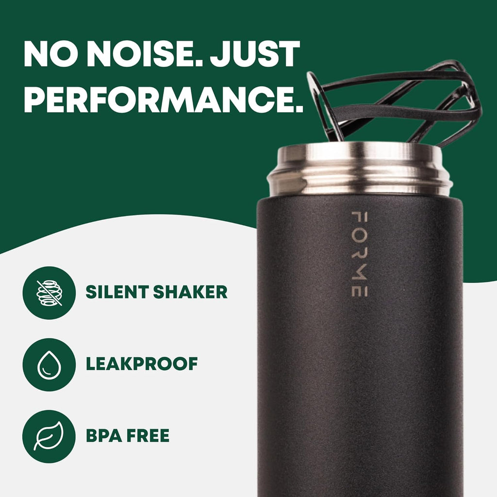 FORME - Blender Shaker Bottle, Leakproof Double Insulated Stainless Steel, Noiseless Shaker Bottle for Hot & Cold Drinks with Supplement Storage, Ideal for Protein & Shakes (Charcoal, 16.9 ounces)