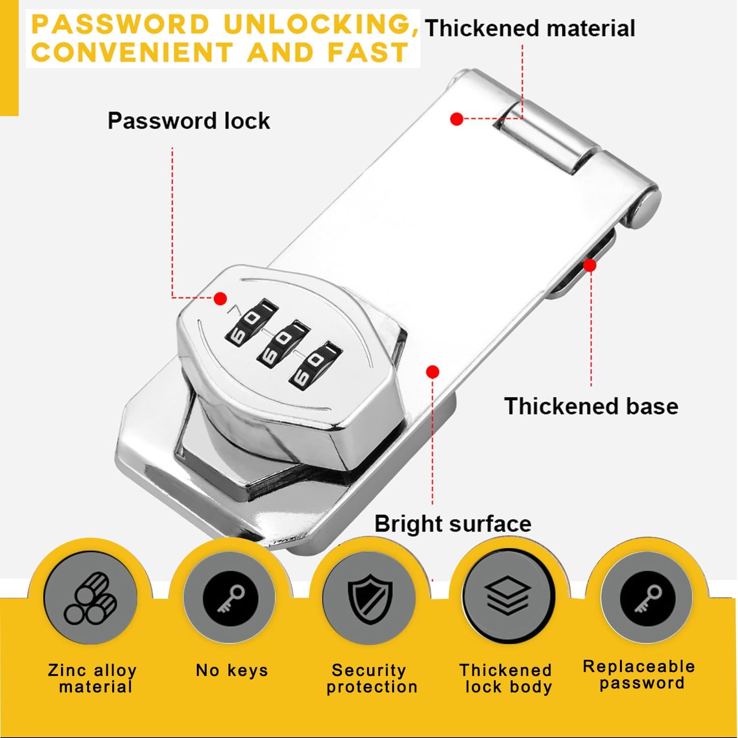 Keyless Combination Lock, 2 Pack Door Security Slide Latch Lock, Silver Password Rotary Hasp Locks for Small Doors, Cabinets, Barn Door, Bathroom, Outdoor, Garage, Garden