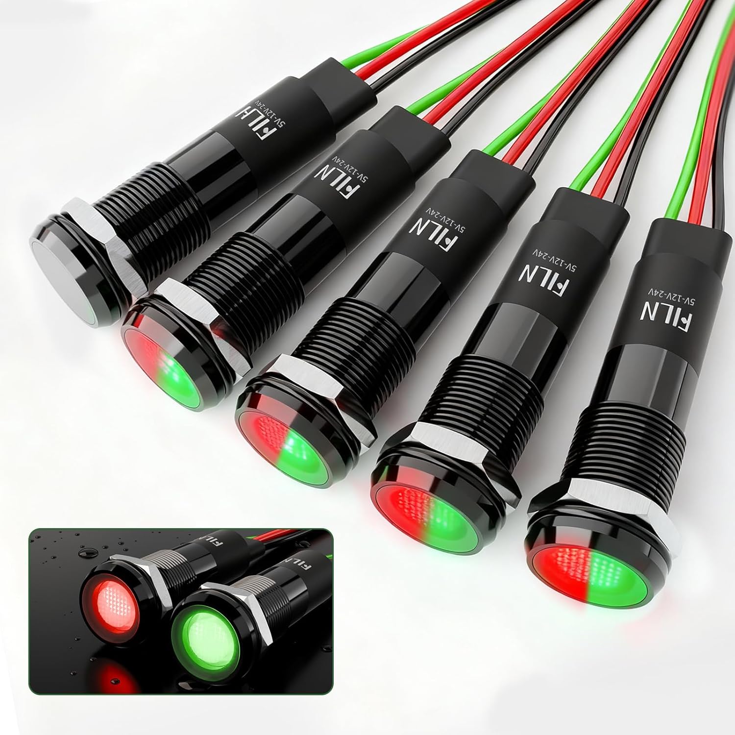 5 Pcs 8MM (5/16 ") Indicator Light LED 12V 24V Dual Color Indicator Llight Pilot Metal Light Black Anodized Waterproof ip67 Signal Lamp (12V-24V Red Green Dual Color)