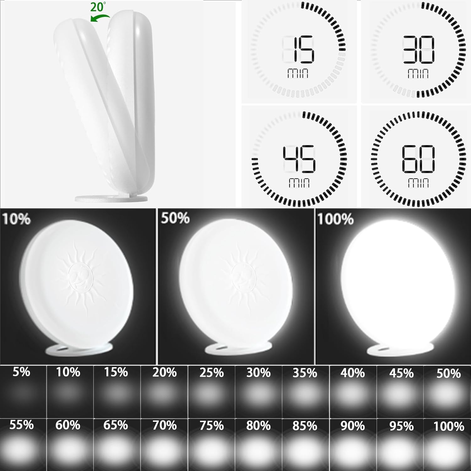 Light Therapy Lamp,2 Major Functions,Activate Mood,Relieve Headache,UV-Free 10000 LUX Treatment Light,20-Level Drightness Fine-Tuning, 4 Timings,Large Glossy Rotatable Stand (RLTL00100)