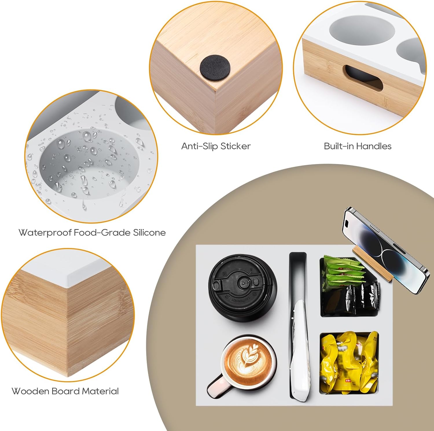 Couch Cup Holder Tray, Couch Caddy with Rotatable Phone Holder, Wooden Sofa Drink Holder with Handle for Bed Car Seat Beach Organizer, Anti-Spill for Snacks Beverage Remote White