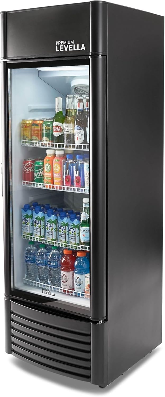 PremiumLevella PRF907DX Glass Door Display Refrigerator 9.0 cu ft Commercial Beverage Cooler Merchandiser With Customizable Lightbox - Black