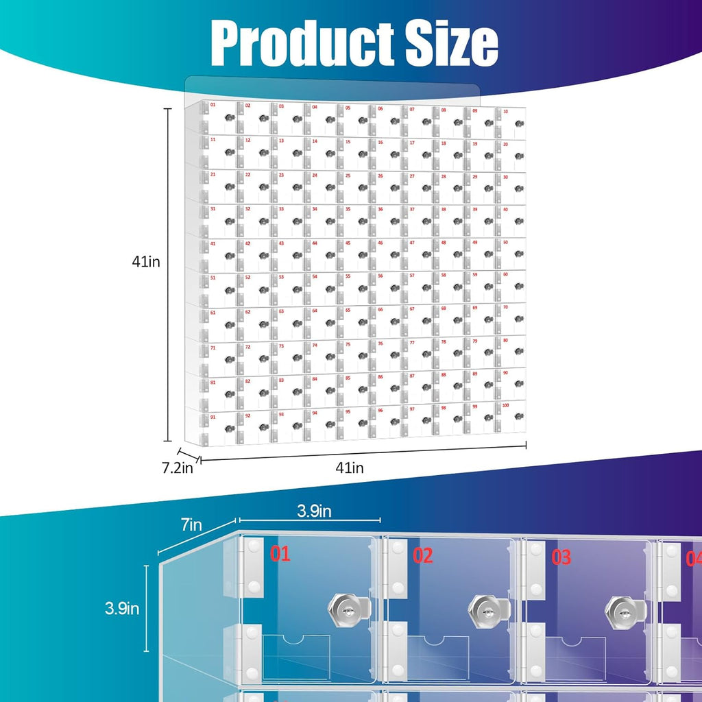 100 Slots Clear Acrylic Cell Phone Locker Box Wall-Mounted with Keys, Lockable Secure Storage Cabinet for Classroom Office Gym, Multi-Use Phone Lock Organizer for Employees Students (Large)