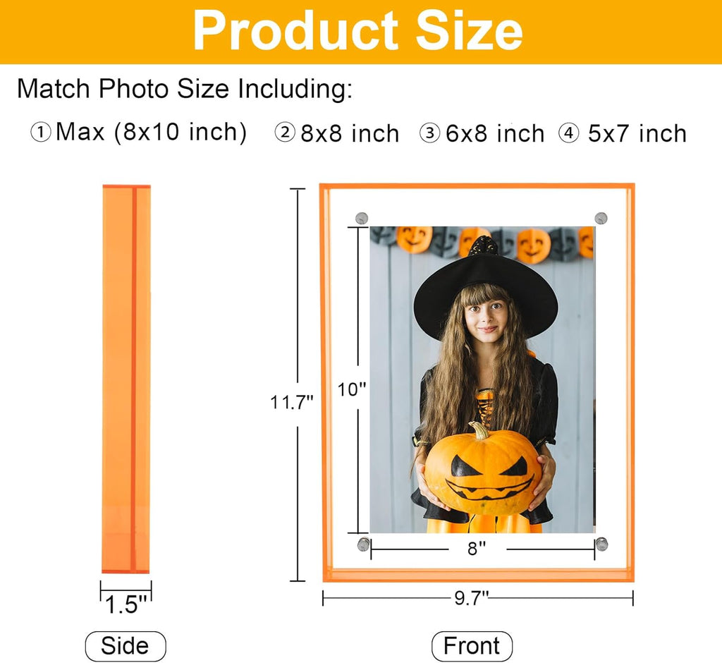 8x10 Picture Frames, Stunning Color Acrylic Photo Frame, Wall & Tabletop Display Frames, Modern Floating Style for Home Office Decoration, Orange (1 Pack)