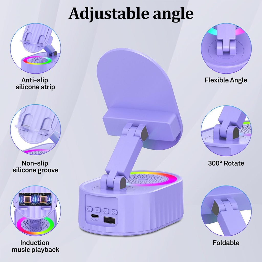 Wireless Induction Audio Bluetooth Speaker 5in1 Phone Holder Emergency Rechargeable (3000mAh) with Colorful Ambient Light 300° Foldable for Tablet iPhone Android, Gifts for Men Women