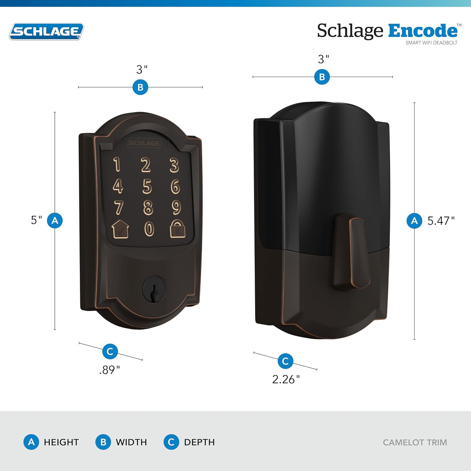 Schlage Encode Smart WiFi Deadbolt Lock for Front Door - Keyless Entry with App or Touchscreen - Works with Alexa, Hey Google, & Airbnb - Create Codes for Guests - Aged Bronze