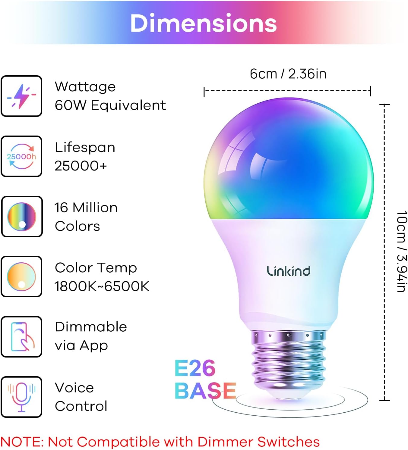 Linkind Smart Light Bulbs, WiFi Bulbs Work with Alexa & Google Home, RGBTW Color Changing Light Bulb with APP Control, 9W LED Smart Bulb Equivalent 60W, A19 E26 Alexa Light 2.4Ghz 800LM Dimmable