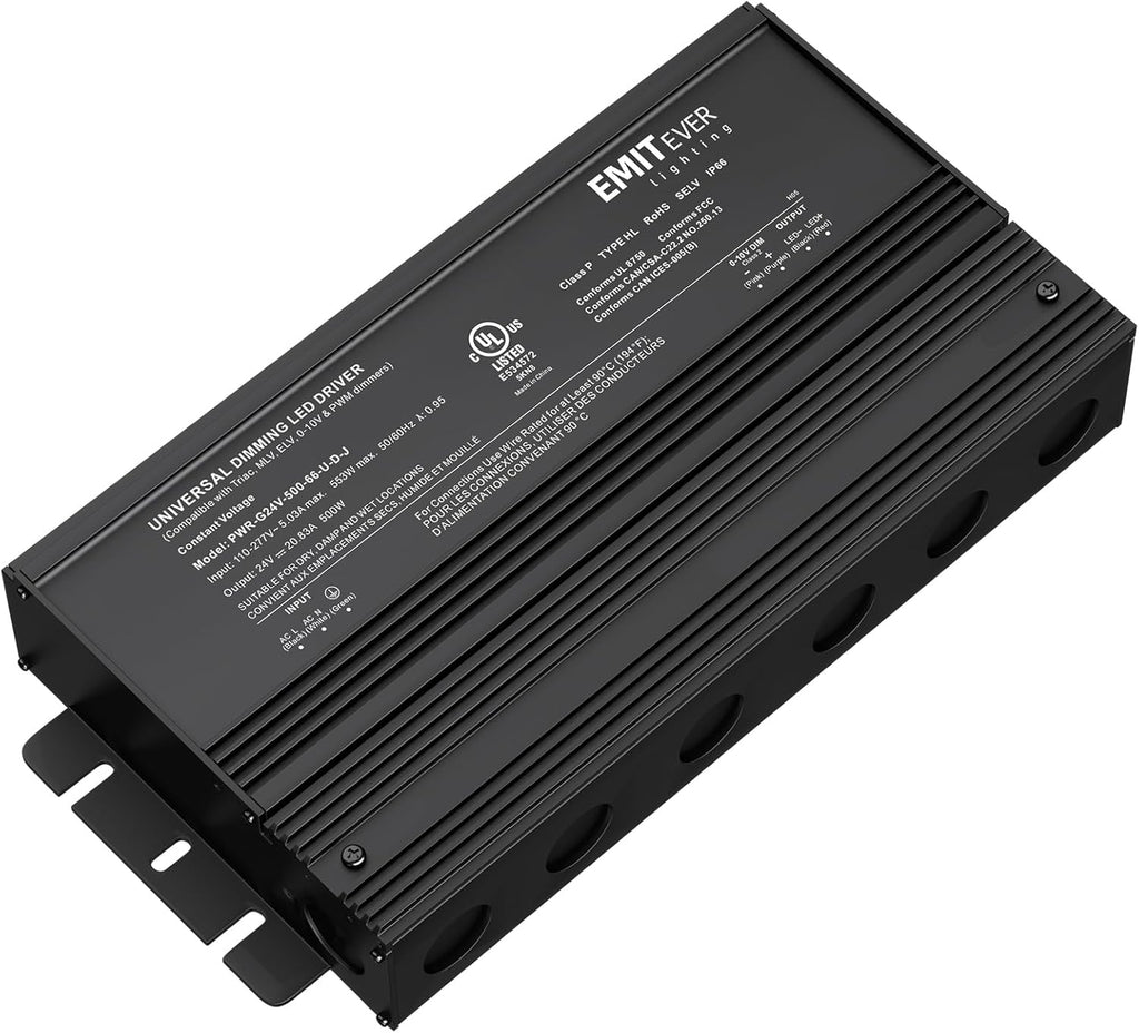 EMITEVER Dimmable Led Driver, 500W AC 110V-277V to DC 24V Transformer, 5-in-1 Dimming: ELV/MLV/TRIAC / 0-10V / 1-10V / 10V PWM/Potentiometer, Waterproof IP67 and UL Listed