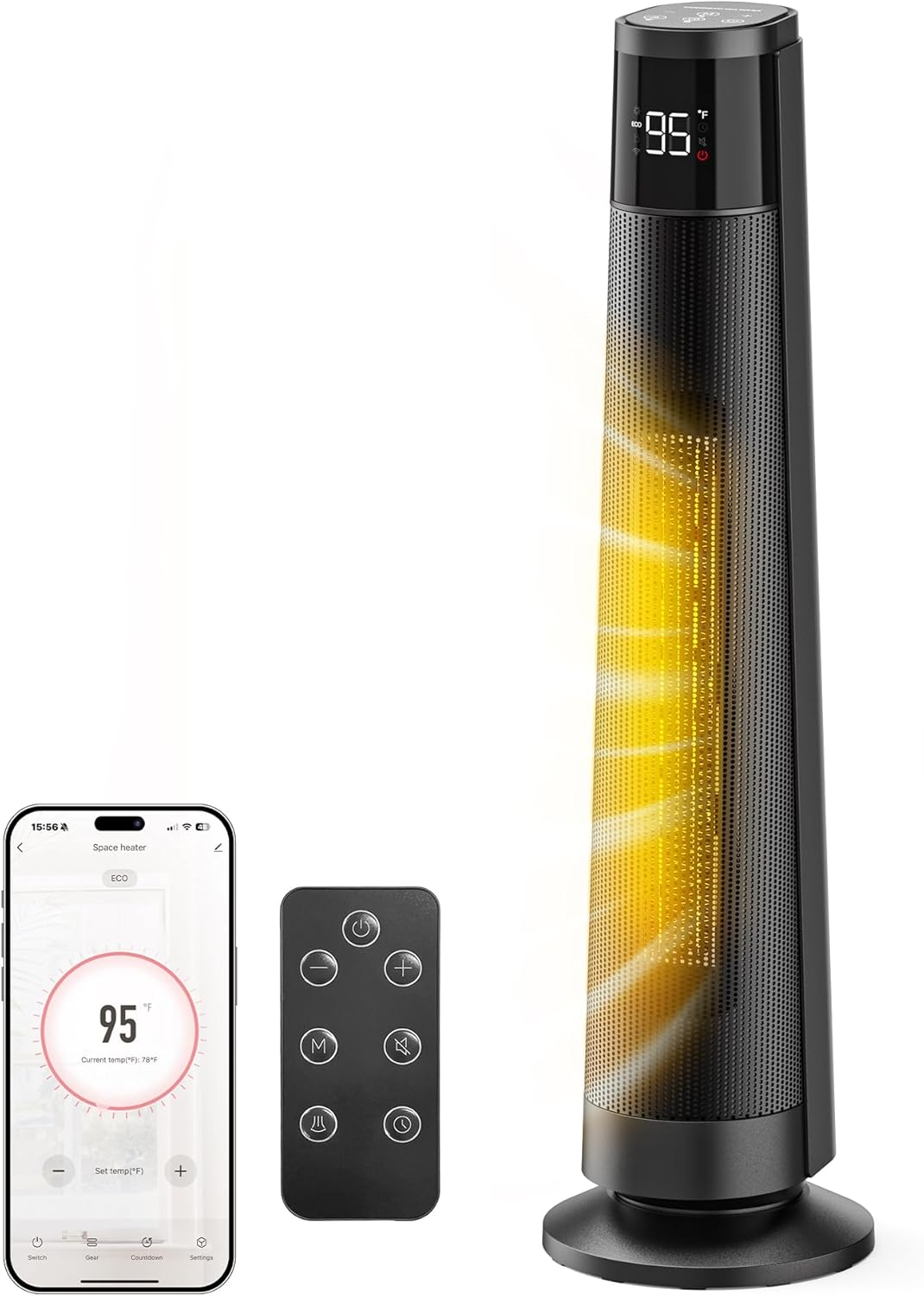 1500W PTC Ceramic Smart Space Heaters for Indoor Use, Portable Heater with Remote & App Control for Large Room, Office, ECO Modes, Safety Protection, 70° Oscillation, 12H Timer, Black, 1 Pack