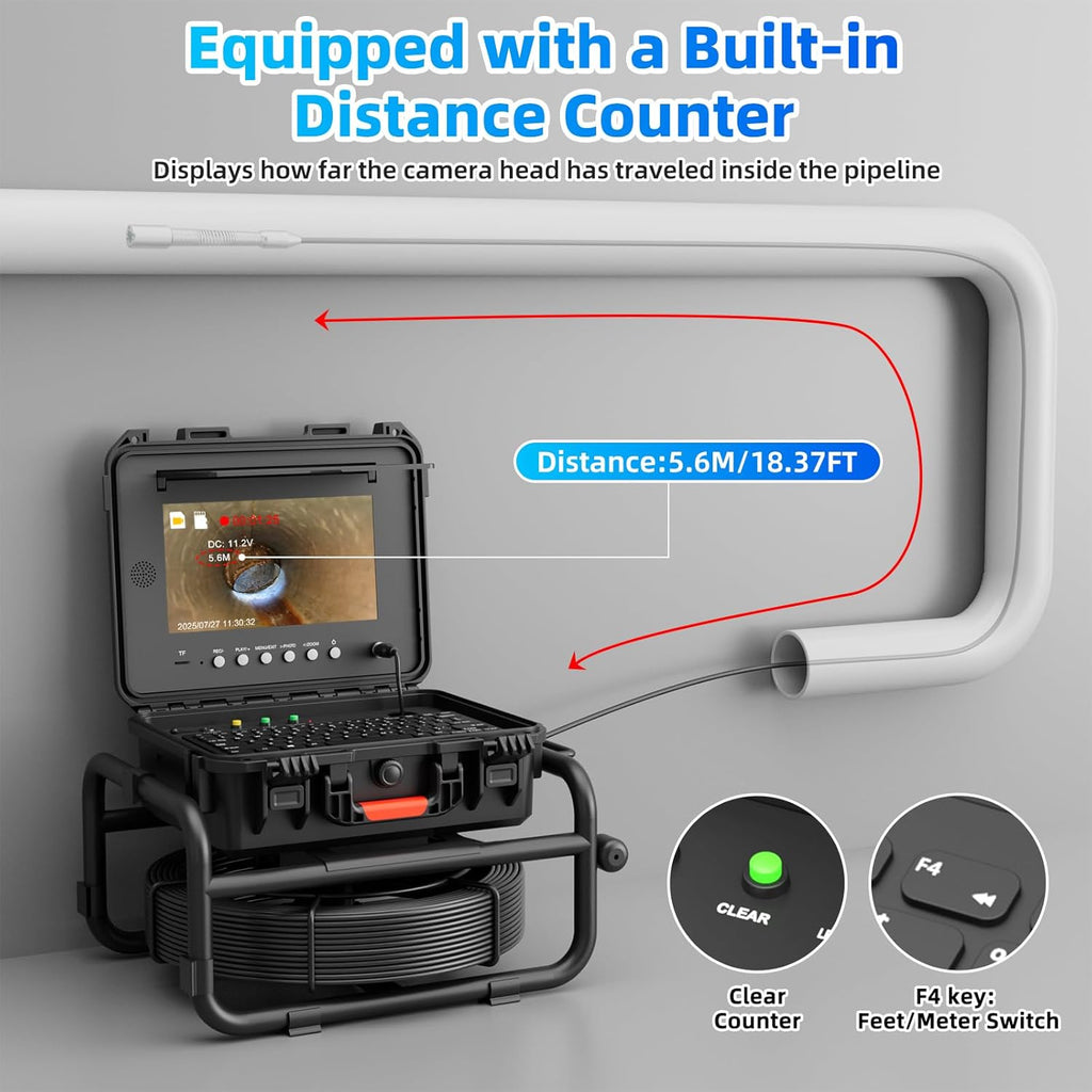 Sanyipace Sewer Camera 165FT/50M with 512Hz Transmitter, Self-Leveling, Distance Counter, Plumbing Inspection Camera with Microphone Speaker Audio Video Record, 32GB TF Card, Pipe Pulley (7mm Cable)