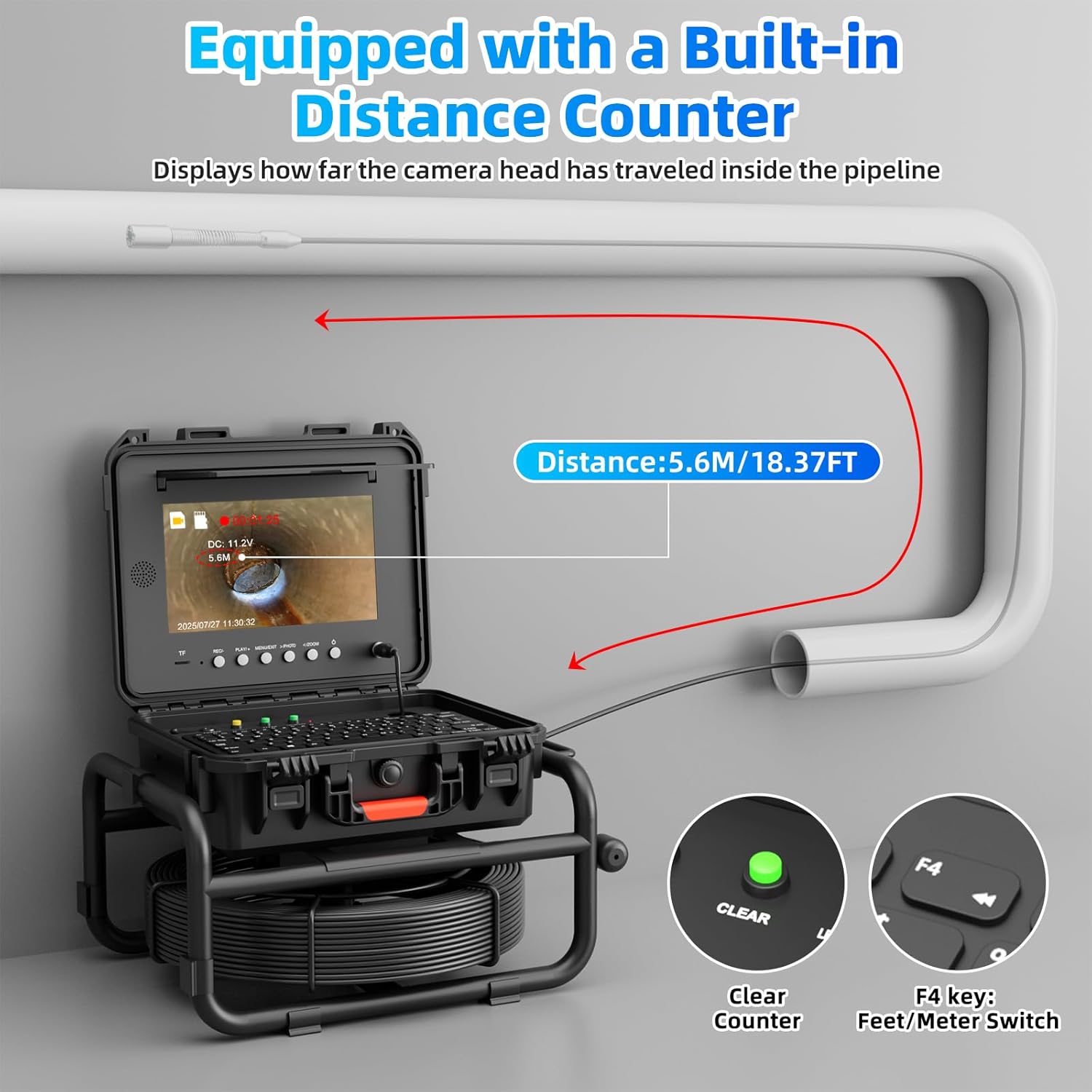 Sanyipace Sewer Camera 165FT/50M with 512Hz Transmitter, Self-Leveling, Distance Counter, Plumbing Inspection Camera with Microphone Speaker Audio Video Record, 32GB TF Card, Pipe Pulley (7mm Cable)