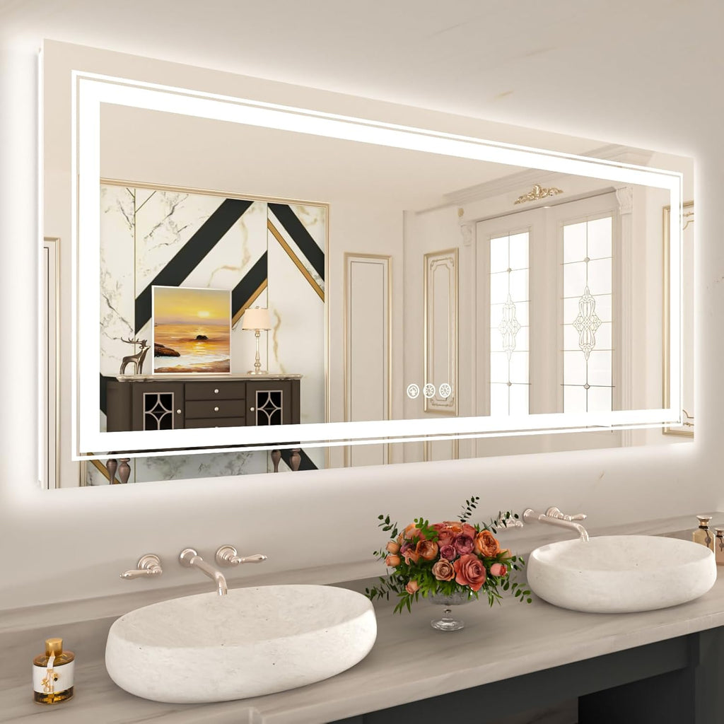 WTTY LED Bathroom Mirror 60"x30" with RGB Backlit and Front Light,Stepless Dimmable LED Mirror for Bathroom,Colored Lighted Bathroom Vanity Mirror,Anti-Fog,Memory Function,Shatter-Proof