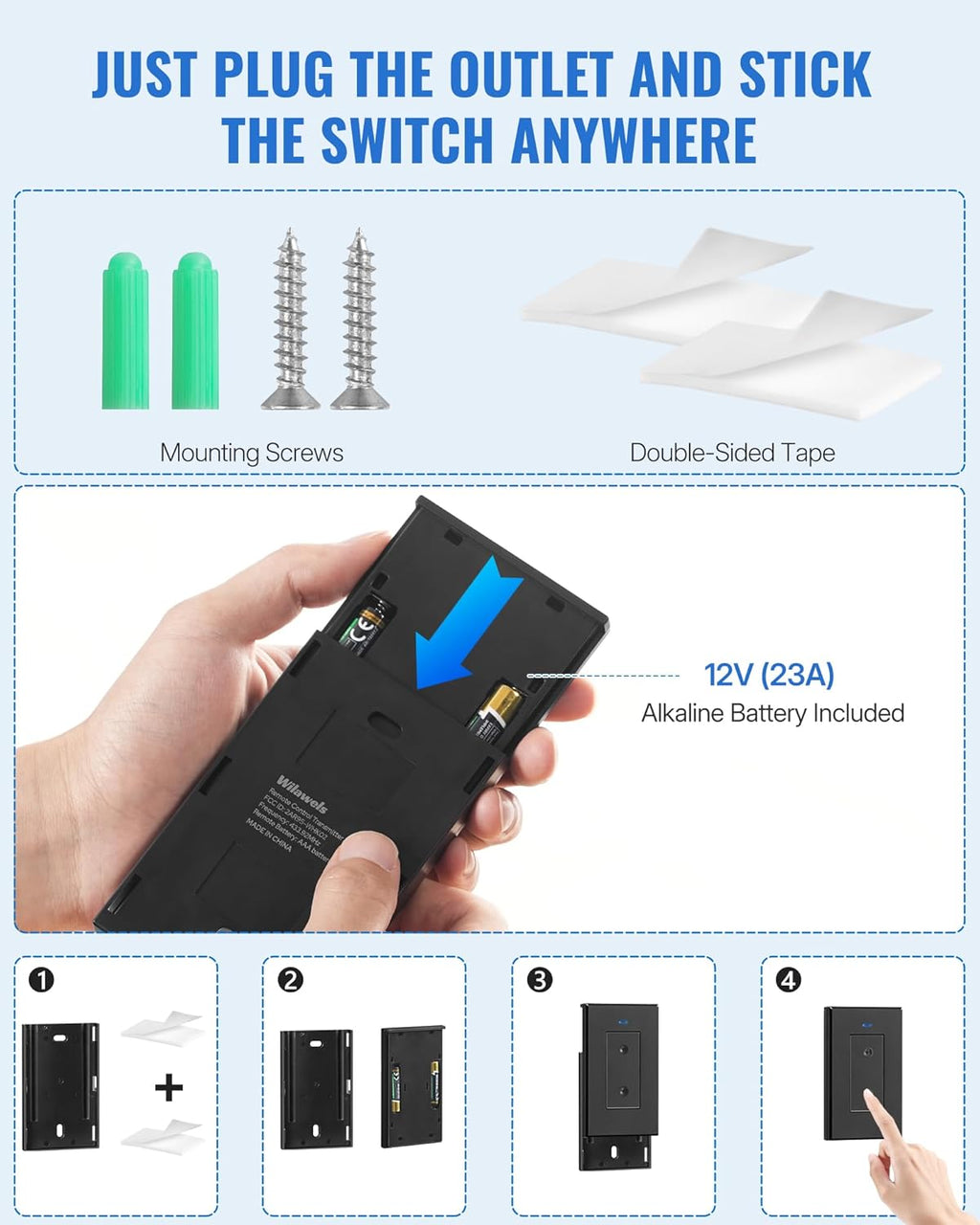 Black Remote Control Outlet Plug, WILAWELS Wireless Light Switch, On Off Remote Switch Outlet for Lights, Lamps, Home Appliance, 100ft RF Range, FCC Listed (1 Controller + 2 Outlets) H05RC1206