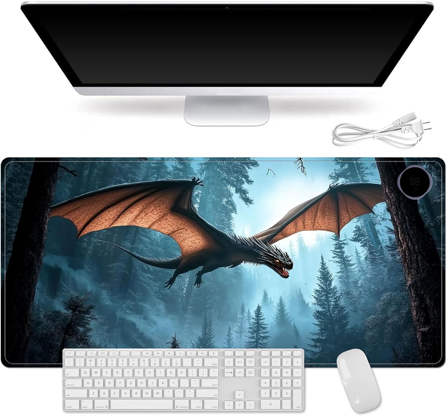 Small Heated Desk Pad 23.6" x 14.2" – Compact Electric Mouse Pad with 3 Heating Levels, Auto Shut-Off, Waterproof PU Surface, Plug-in Warmer for Office or Home Use, Flying Dragon